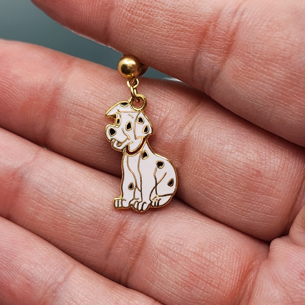 Disney 101 Dalmatians Puppy White Black Enamel Gold Tone Single Dangle Earrings